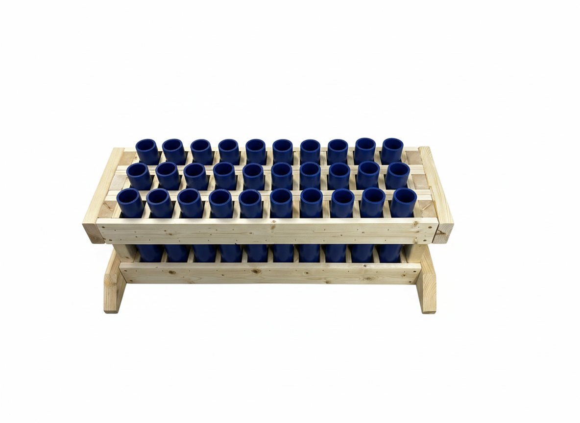 Phalanx 30-Shot Straight Mortar Rack featuring American-made HDPE DR11 tubes for high-capacity firework displays.