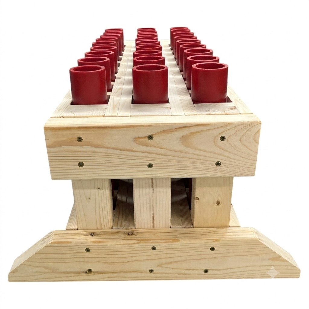 Valiant 27-Shot Mortar Rack, handcrafted in the USA for professional pyrotechnic stability and performance.