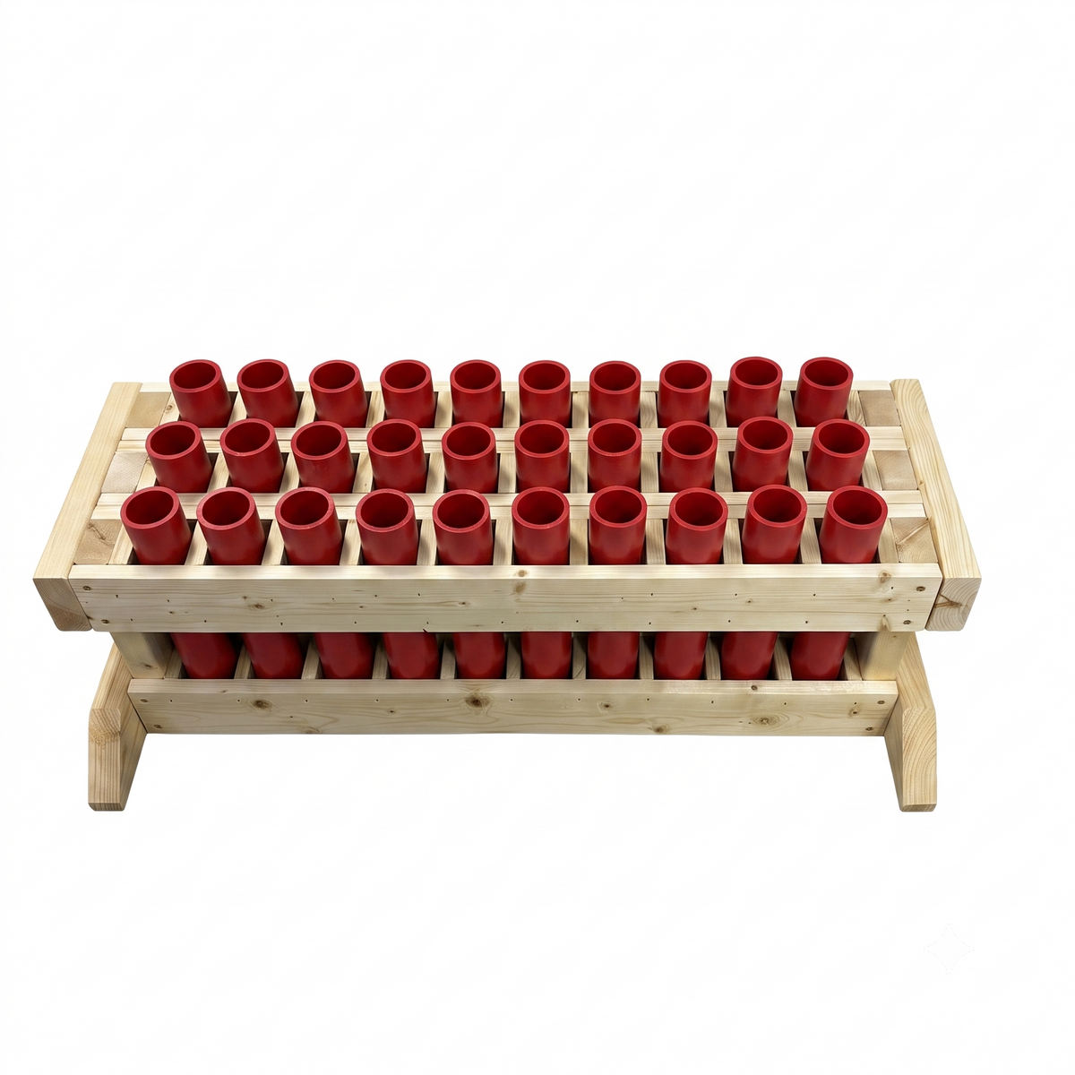 Phalanx 30-Shot Straight Mortar Rack featuring American-made HDPE DR11 tubes for high-capacity firework displays.